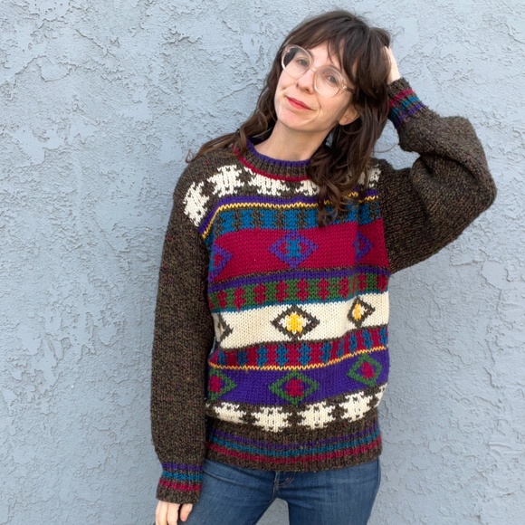 Retro Geometric Sweater Oversized Chunky knit Rainbow Aztec S/M - Picture 1 of 10